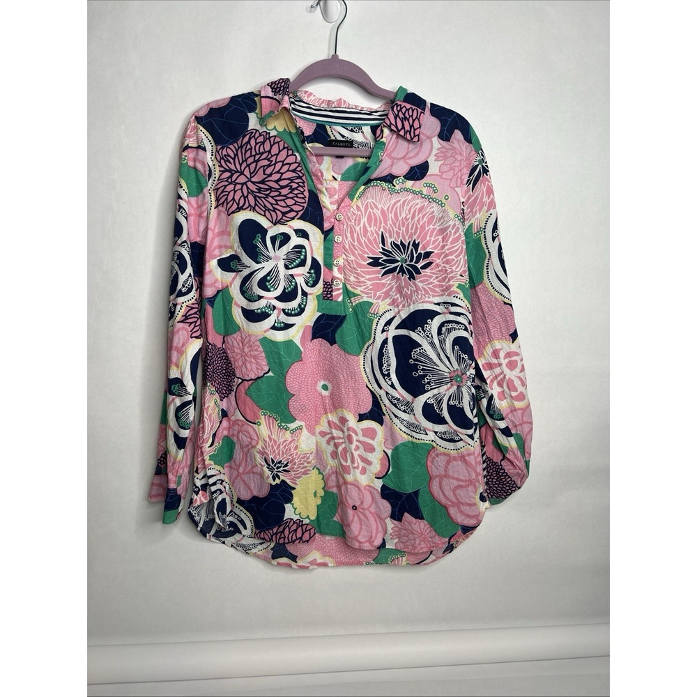 Talbots Pink & Navy Floral Print Popover Tunic Top Size L Coastal Grandma Beach